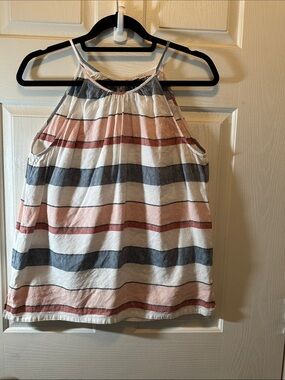LOFT Striped Halter Tank Top in White, Pink & Navy Linen Blend Size Small